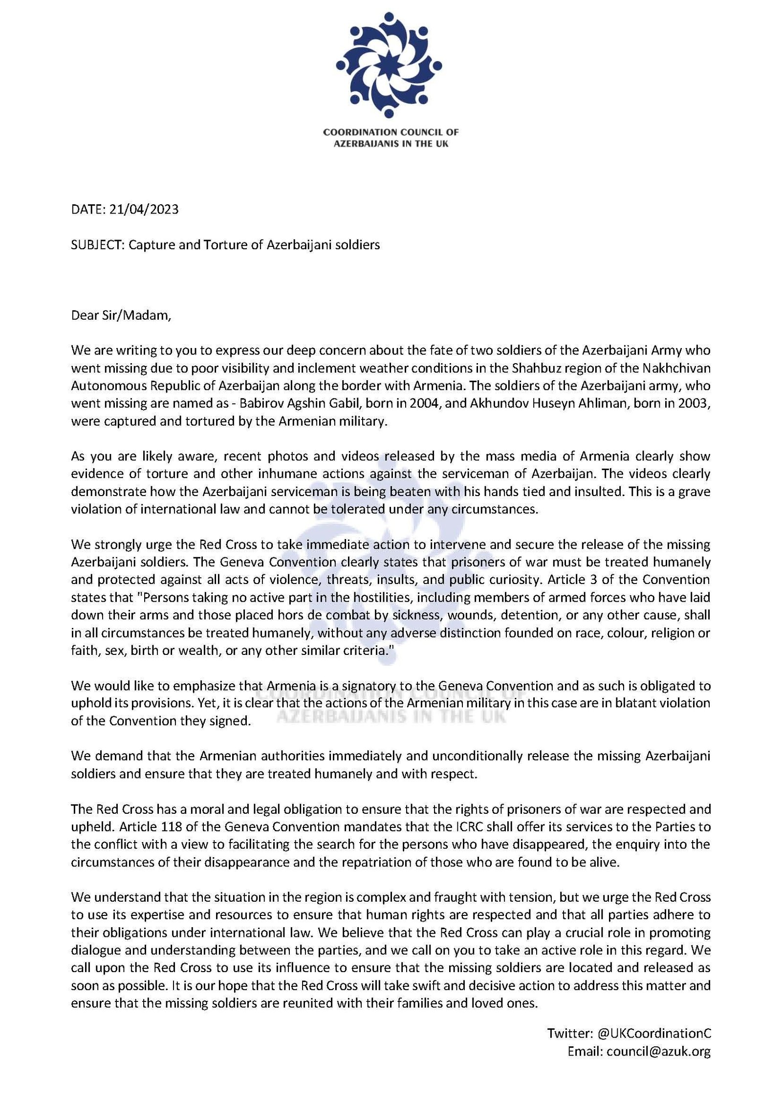 Britaniyadakı icmamız azərbaycanlı hərbi əsirlərin azad edilməsi ilə bağlı Beynəlxalq Qırmızı Xaç Cəmiyyətinə müraciət edib