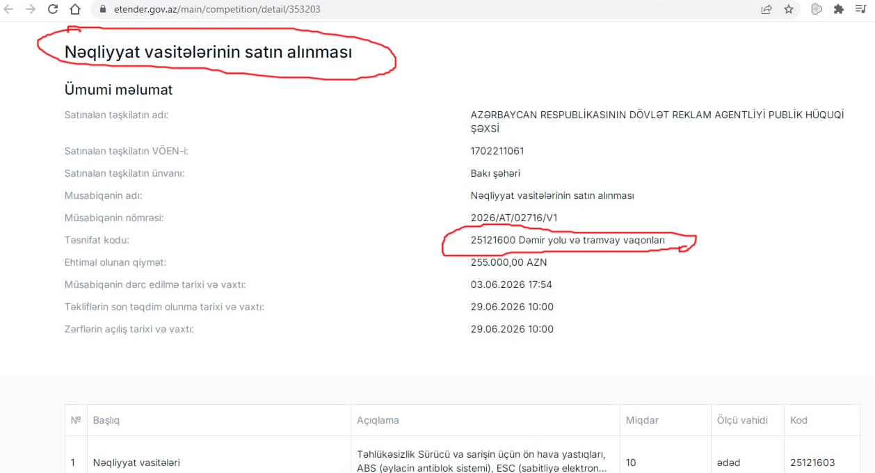 ADRA avtomobil alır, yoxsa vaqon? - 255 minlik tenderdə təsnifat kodu belə səhvdir...