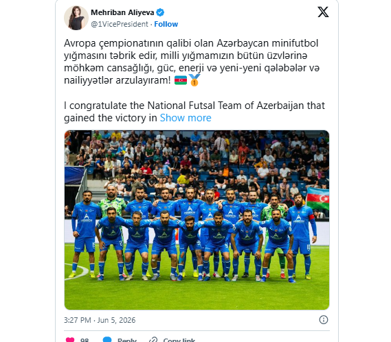Mehriban Əliyeva Avropa çempionu olan minifutbol üzrə Azərbaycan millisini təbrik edib