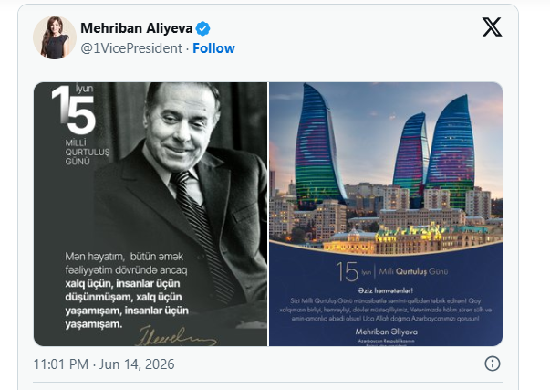 Mehriban Əliyeva Milli Qurtuluş Günü ilə bağlı paylaşım edib