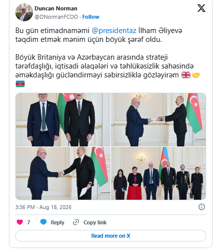 İlham Əliyev Böyük Britaniyanın yeni səfirinin etimadnaməsini qəbul etdi