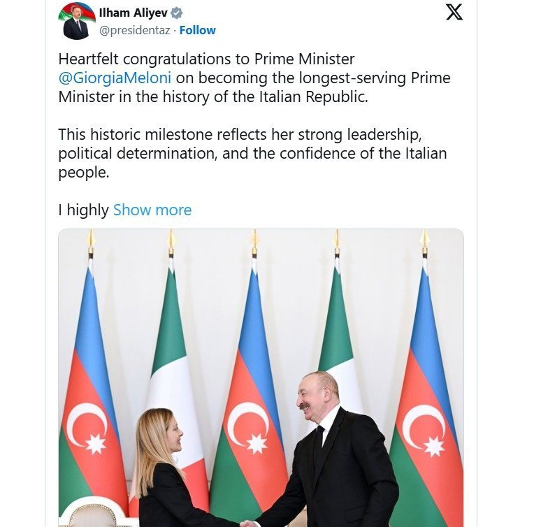 İlham Əliyev Corcia Melonini ən uzun müddət Baş nazir vəzifəsində olması münasibətilə təbrik edib