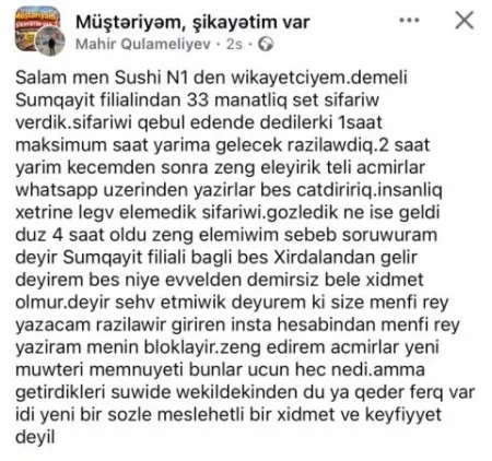 `Sushi N1`-dən müştəri narazılığı... - "Sifariş 4 saat gecikib..."