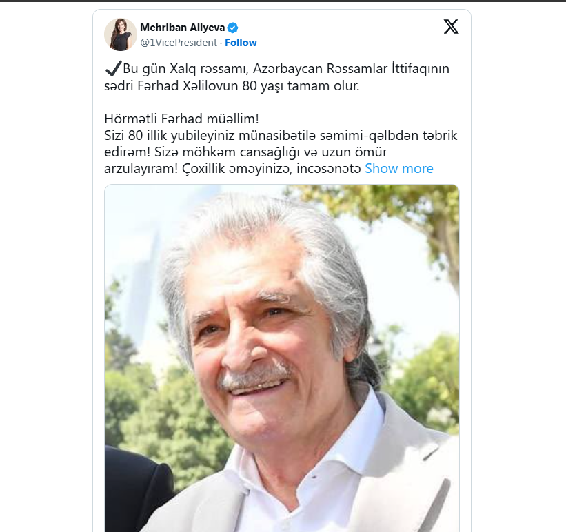 Mehriban Əliyeva Azərbaycan Rəssamlar İttifaqının sədrini təbrik edib